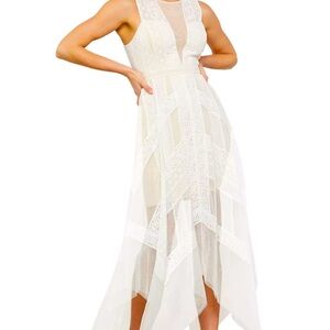 BCBG MAXAZRIA Andi Handkerchief Asymmetric Lace Tulle Dress White